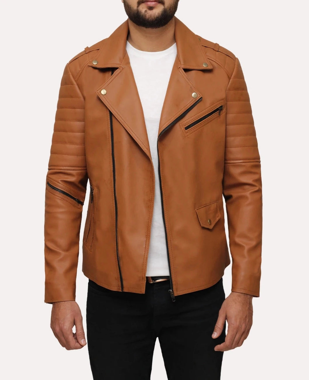 Mens Stylish Brown Leather Striped Sleeves Biker Jacket