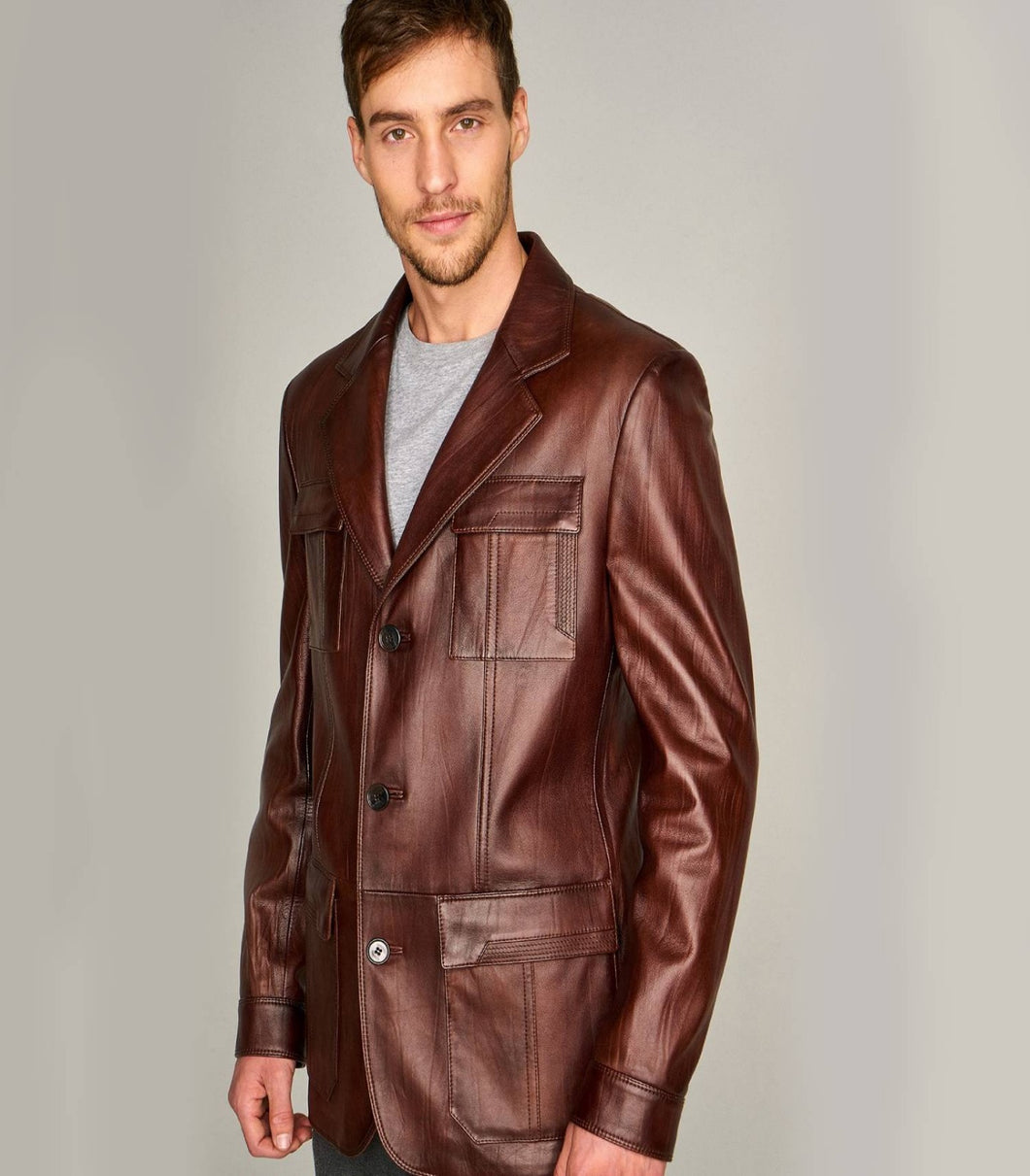 New Mens Brown Leather Blazer