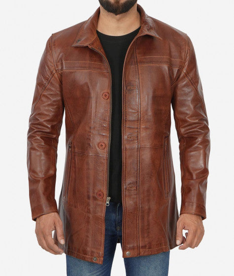Mens Brown Real Leather Coat