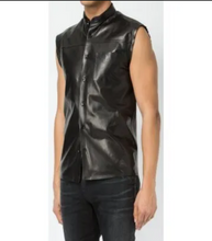 Load image into Gallery viewer, Mens Unique Style Sleeveless Real Sheepskin Black Leather Shirt
