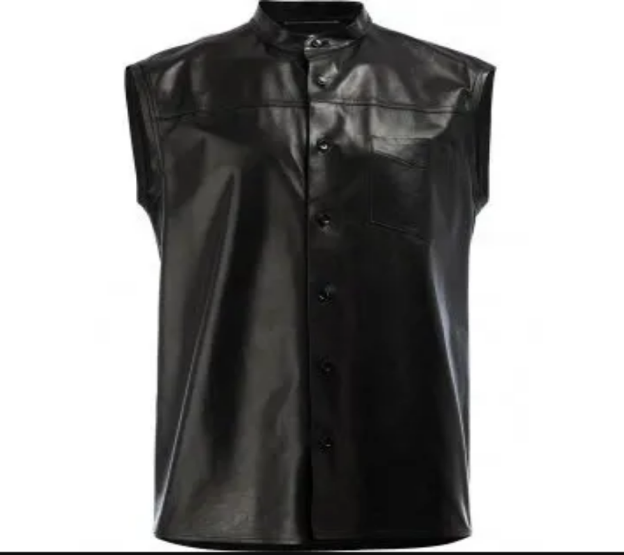 Mens Unique Style Sleeveless Real Sheepskin Black Leather Shirt