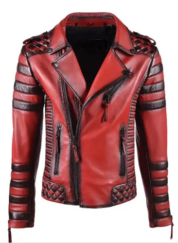 Men Vintage Red Biker Leather Jacket