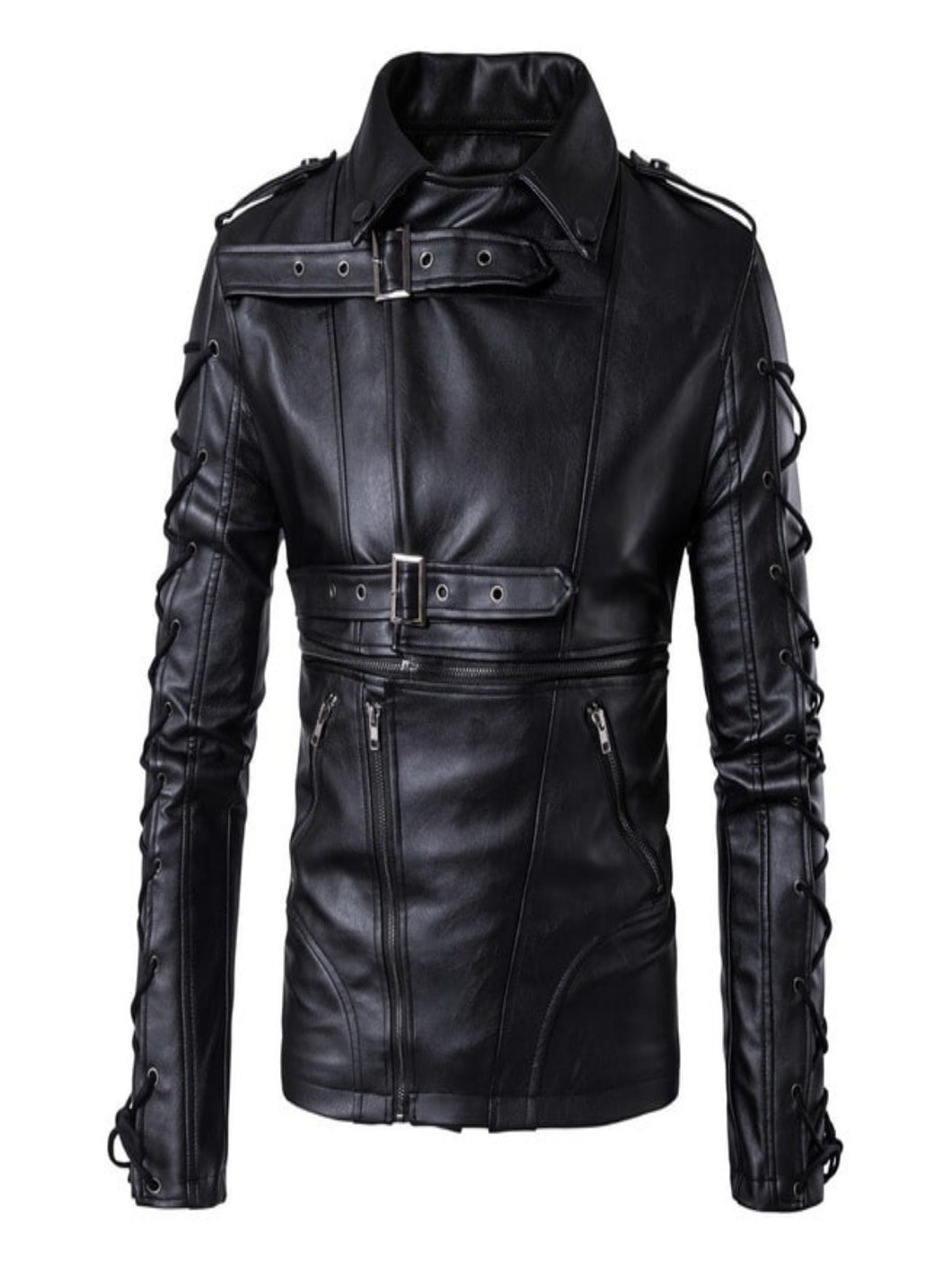 Men’s Lace Up Slim Fit Biker Multi Zipper Black Leather Jacket
