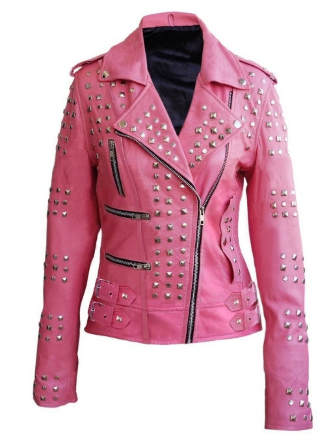 Women Pink Studded Genuine Leather Jacket