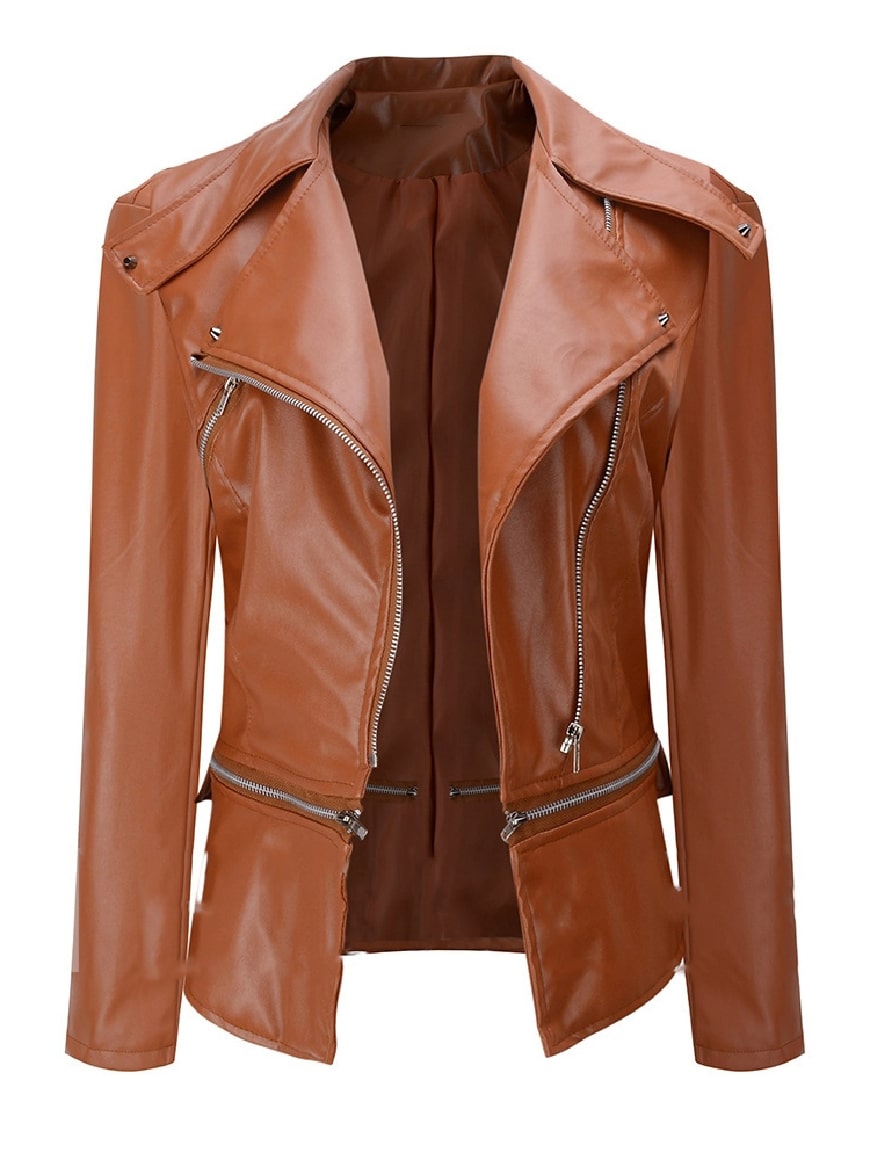 Women’s Chic Lapel Zipper Up Slim Fit Brown Leather Jacket