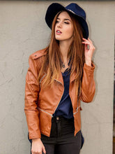 Load image into Gallery viewer, Women’s Chic Lapel Zipper Up Slim Fit Brown Leather Jacket
