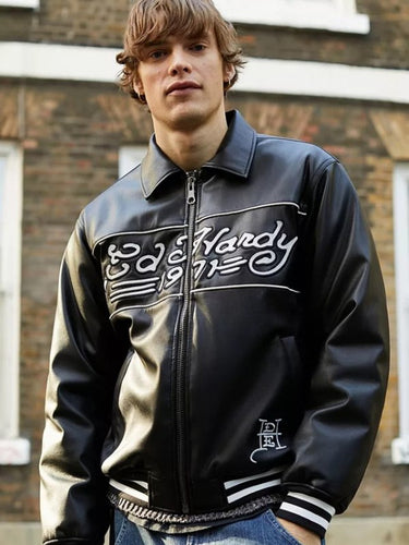 Ed Hardy 1971 Doned Hardy Design Black Leather Jacket