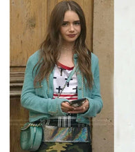 Load image into Gallery viewer, Emily Copper Chain Trim Cardigan On Emily In Paris
