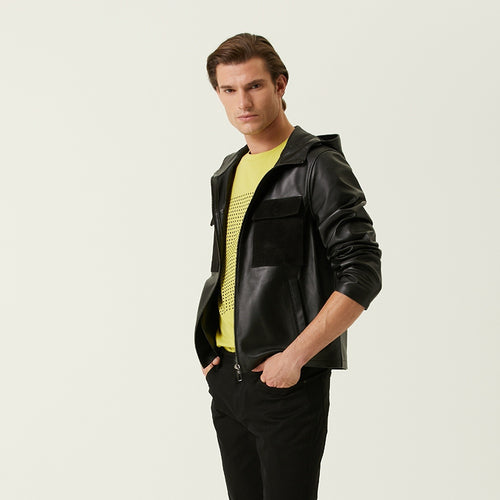 Mens Black Young Hooded Leather Jacket