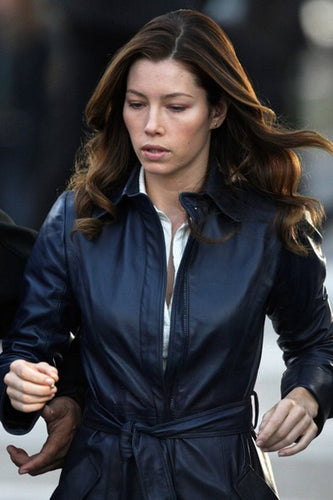 Jessica Biel The A-Team Navy Blue Long Leather Coat