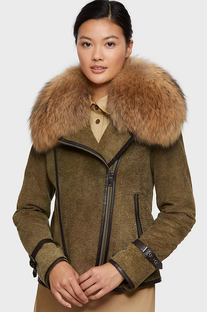 Womens Lambskin Fur Trim Suede Leather Jacket