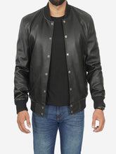 Load image into Gallery viewer, Mens Baseball Style Black Leather Bomber Jacket
