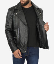 Load image into Gallery viewer, Mens Asymmetrical Black Leather Biker Jacket
