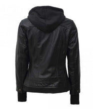 Load image into Gallery viewer, Women&#39;s Black Real Bomber Leather Hoodie Jacket
