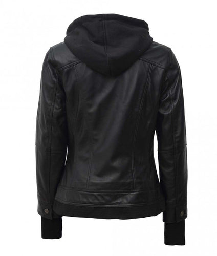 Women's Black Real Bomber Leather Hoodie Jacket