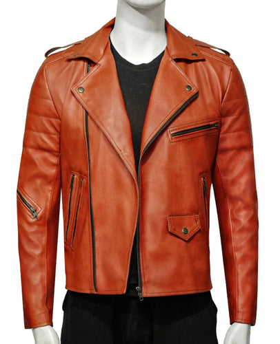 Mens Brown Asymmetrical Collar Biker Leather Jacket