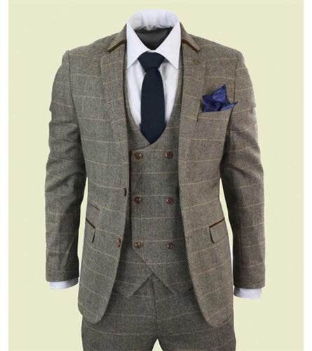 Mens 3 Piece Herringbone Tweed Brown Checkered Suit