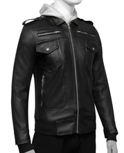 Load image into Gallery viewer, Mens Dark Black Leather Hooded Jacket
