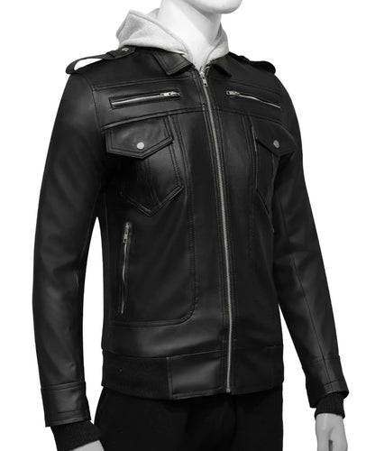 Mens Dark Black Leather Hooded Jacket