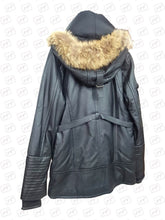 Load image into Gallery viewer, Mens Black Fox Fur Hooded Leather Winter Coat
