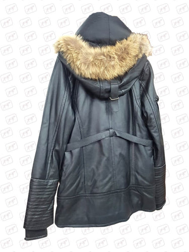 Mens Black Fox Fur Hooded Leather Winter Coat