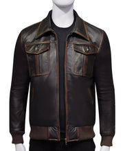 Load image into Gallery viewer, Mens Dark Brown Stylish Bomber Leather Jacket
