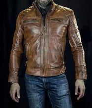 Load image into Gallery viewer, Mens Cafe Racer Vintage Motorcycle Brown Leather Jacket
