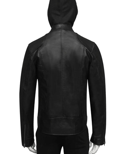 Mens Black Leather Zipper Closure Hooded Jacket