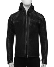 Load image into Gallery viewer, Mens Black Leather Zipper Closure Hooded Jacket
