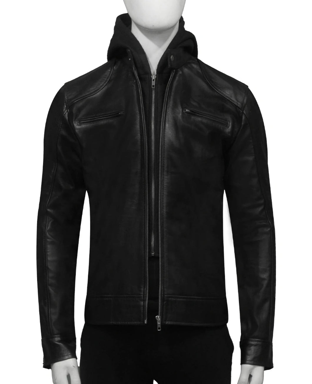 Mens Black Leather Zipper Closure Hooded Jacket