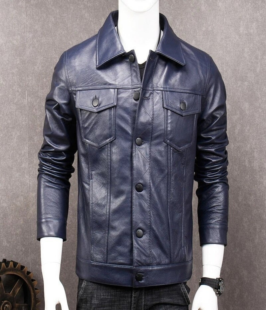Men's Stylish Dark Blue Leather Jacket