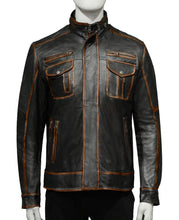 Load image into Gallery viewer, Mens Brown Stand-up Collar Leather Jacket
