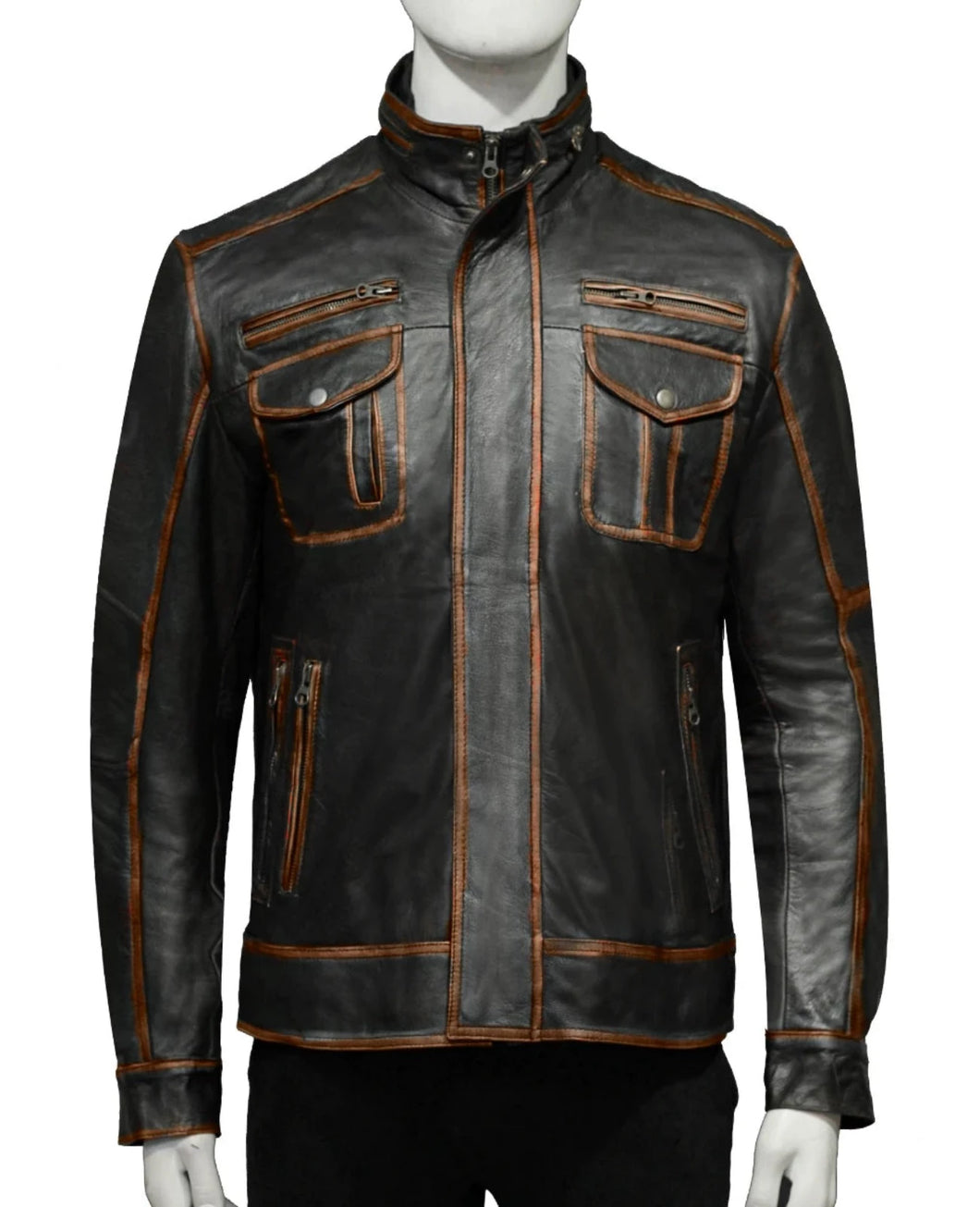 Mens Brown Stand-up Collar Leather Jacket