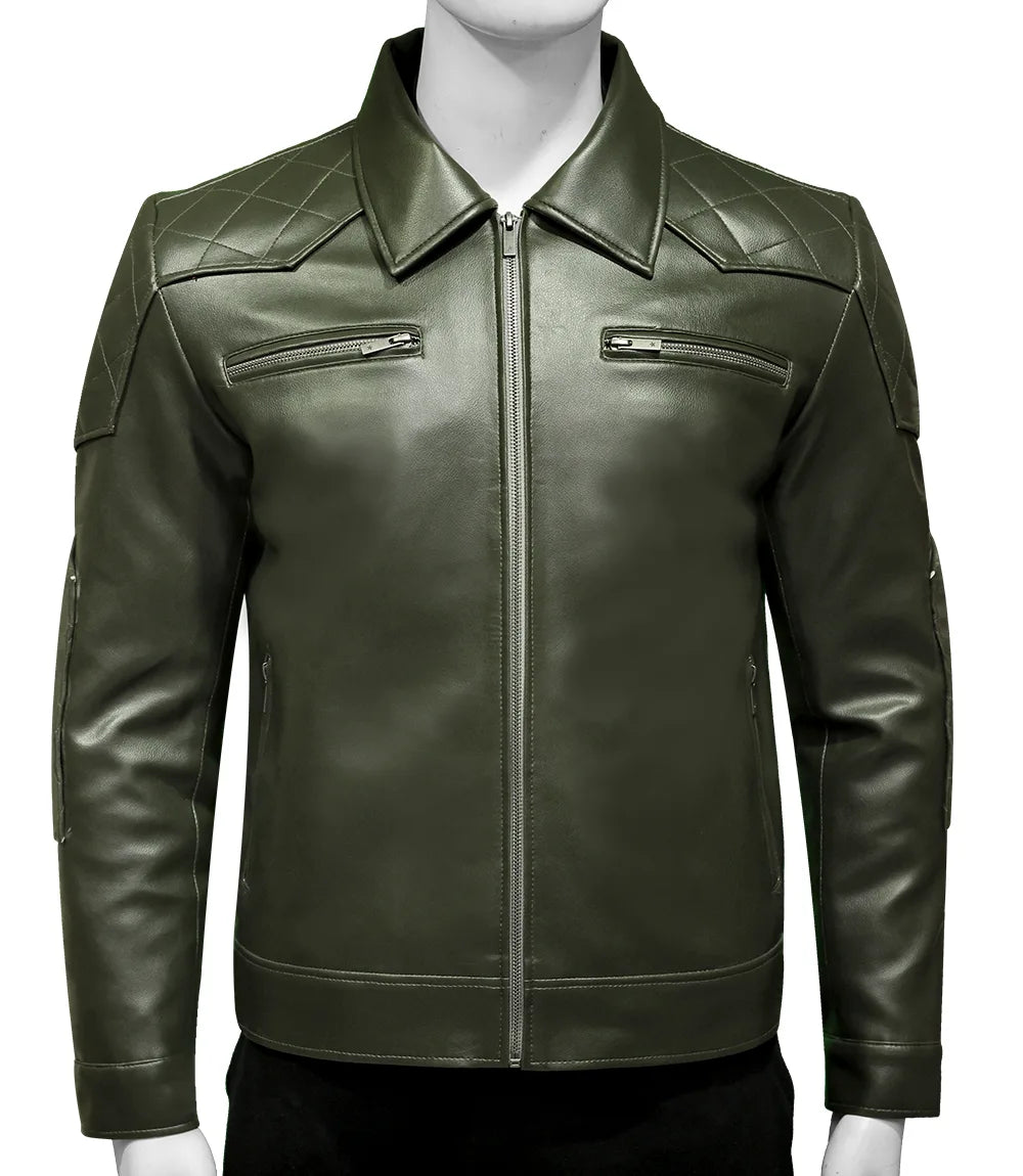 New Mens Olive Green Moto Leather Jacket