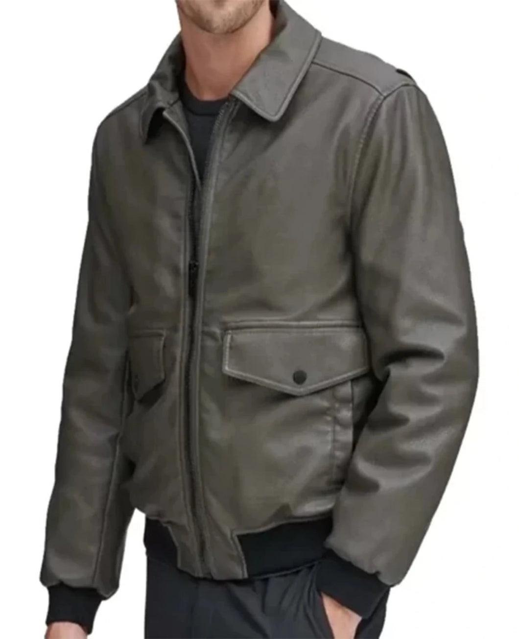 Mens Grey Shirt Style Leather Bomber Jacket