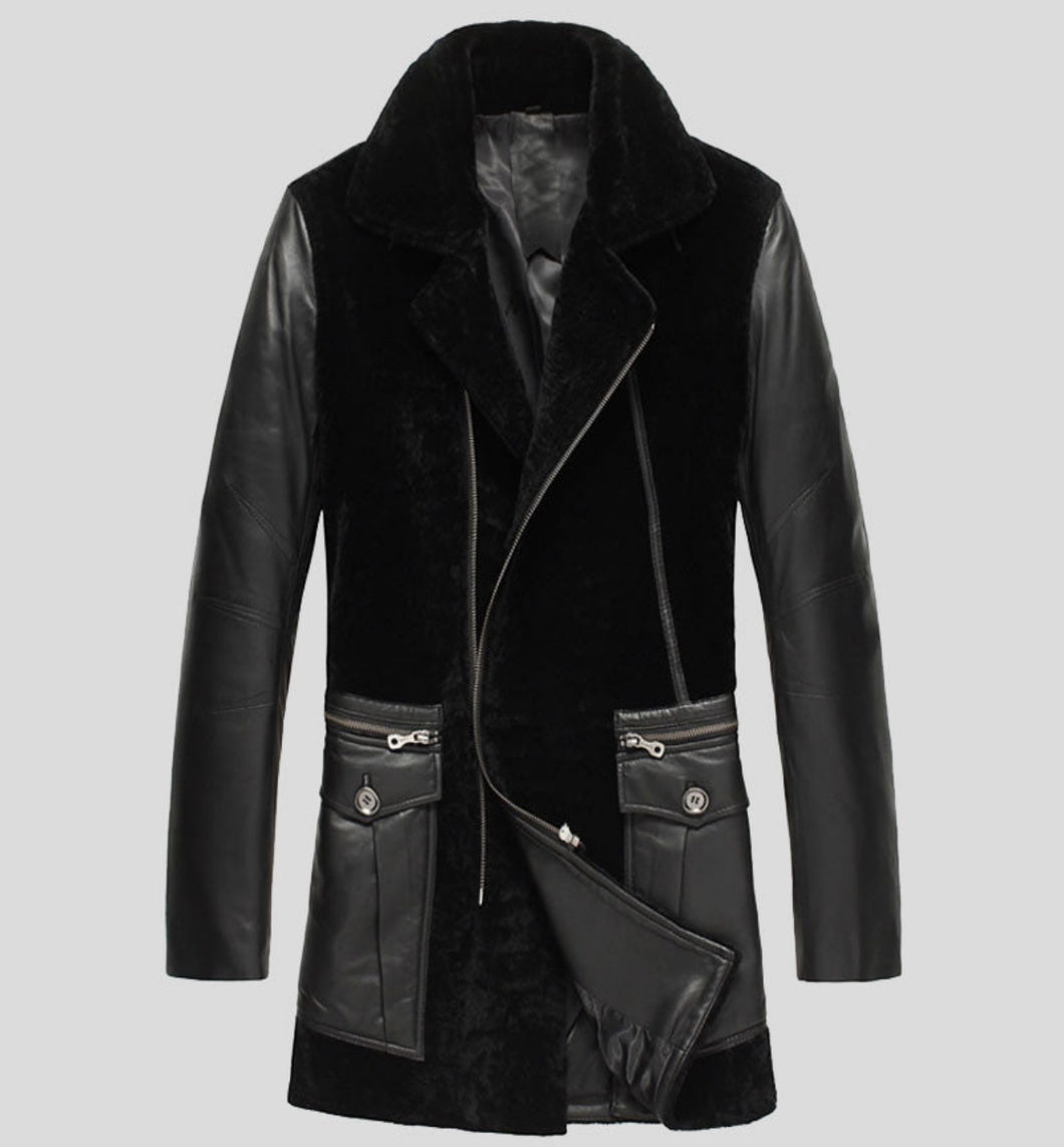 Mens Stylish Black Leather Shearling Coat