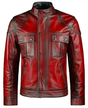 Load image into Gallery viewer, Men Red Biker Motorcycle Cafe Racer Distressed Leather Jacket

