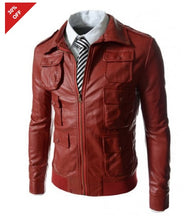 Load image into Gallery viewer, Mens Multi Pocket Style Slim Fit Red Leather Jacket
