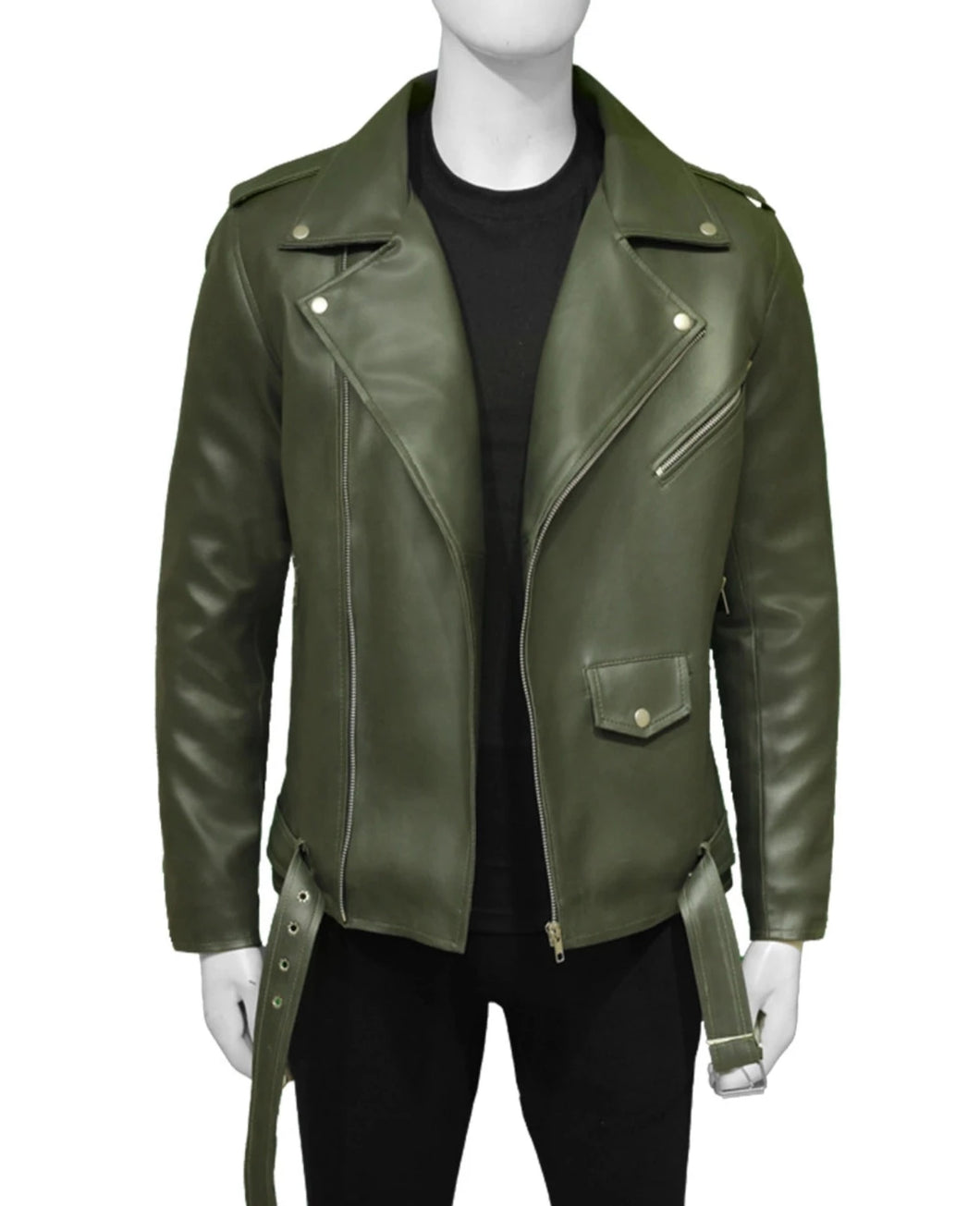 Mens Olive Green Moto Leather Jacket