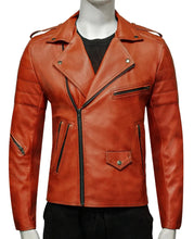 Load image into Gallery viewer, Mens Brown Asymmetrical Collar Biker Leather Jacket
