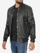 Load image into Gallery viewer, Mens Baseball Style Black Leather Bomber Jacket
