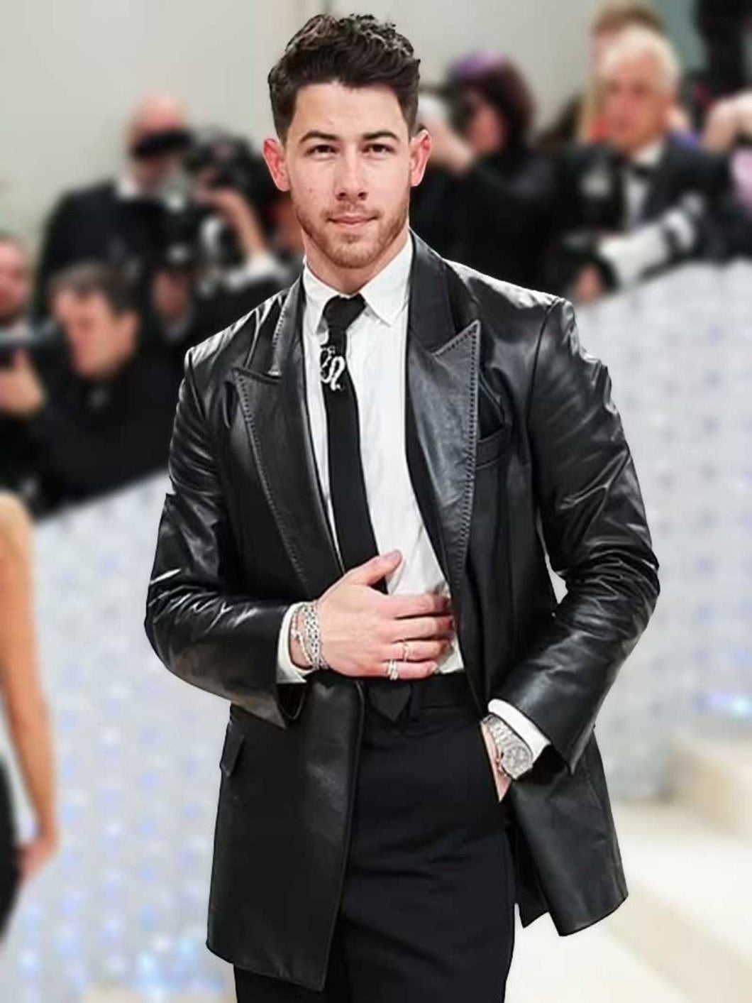 Nick Jonas Met Gala 2023 Black Leather Blazer