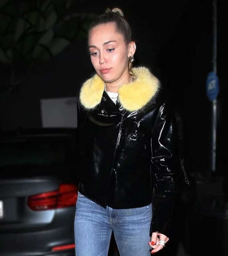 Miley Cyrus Shiny Black Fur Leather Jacket
