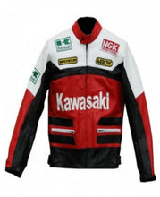 Load image into Gallery viewer, Kawasaki Red &amp; White Biker Leather Jacket
