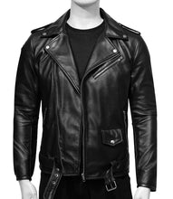 Load image into Gallery viewer, Mens Black Asymmetrical collar Biker Leather Jacket

