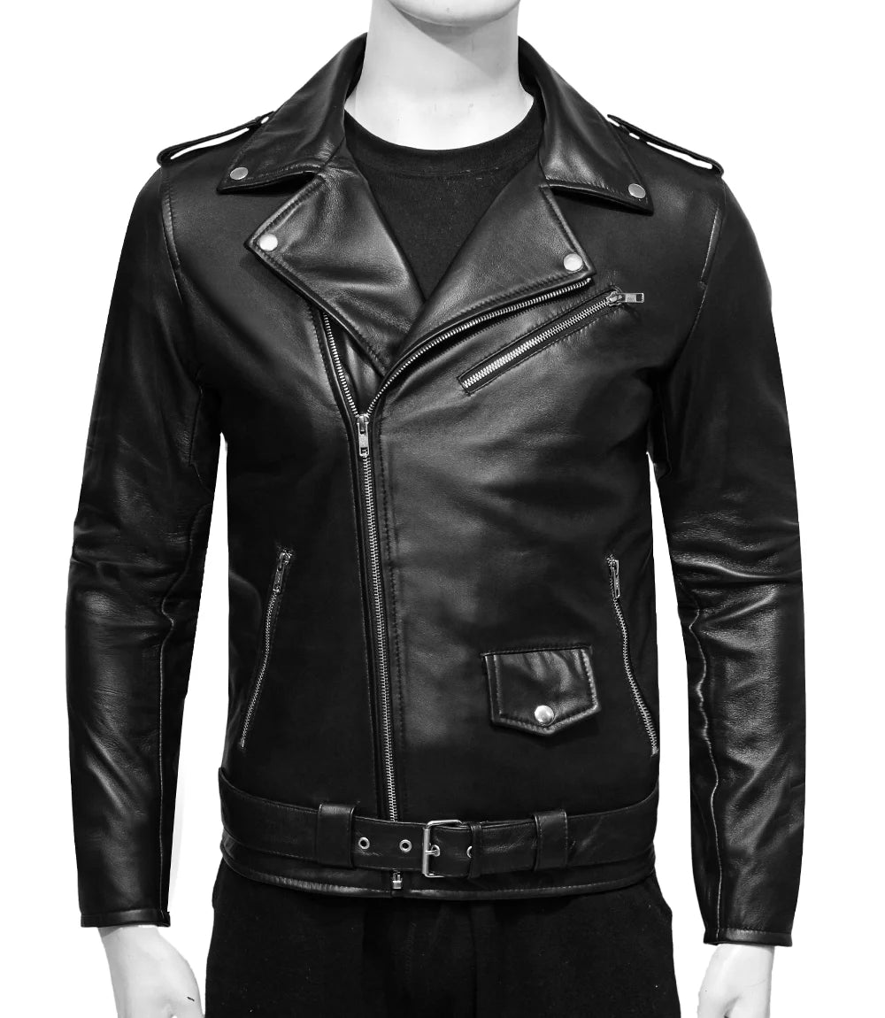 Mens Black Asymmetrical collar Biker Leather Jacket