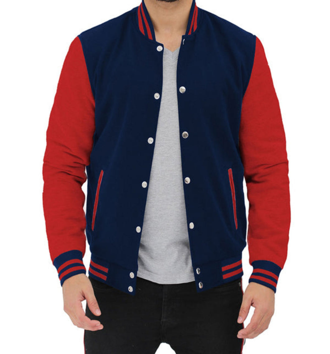 Men's Stylish Navy Blue and Red Varsity Jacket