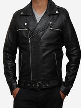 Load image into Gallery viewer, Men Negan Black Asymmetrical Belted Moto Leather Jacket
