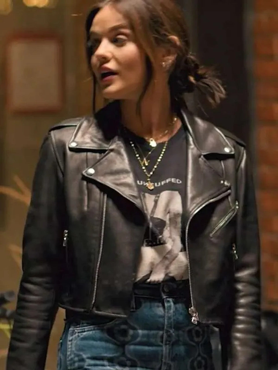 Nicole Matthew Puppy Love Lucy Hale Black Biker Leather Jacket