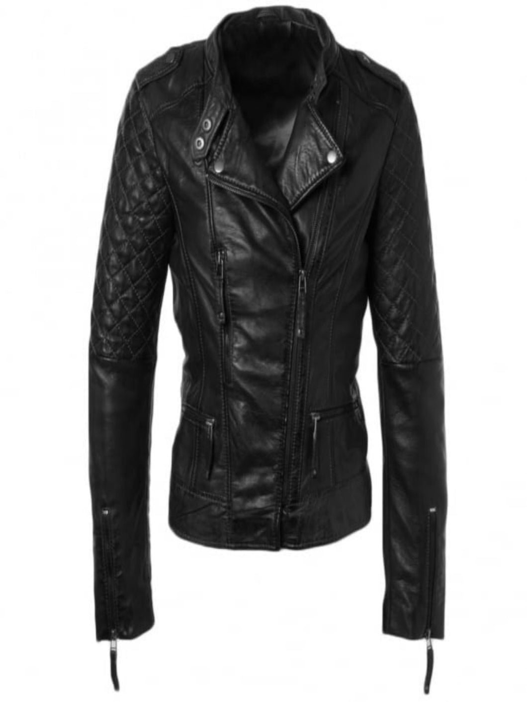 Womens Quilted Style Black Leather Motorcycle Jacket